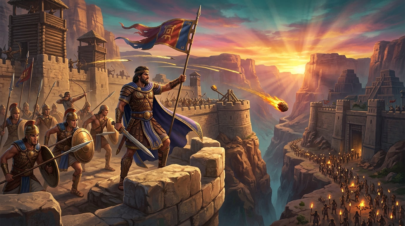 Captain of the Covenant raising the battle standard on a stone bastion with Stripling Warriors, Watchtower archers, and a Stone Catapult hurling a flaming boulder across a canyon gorge